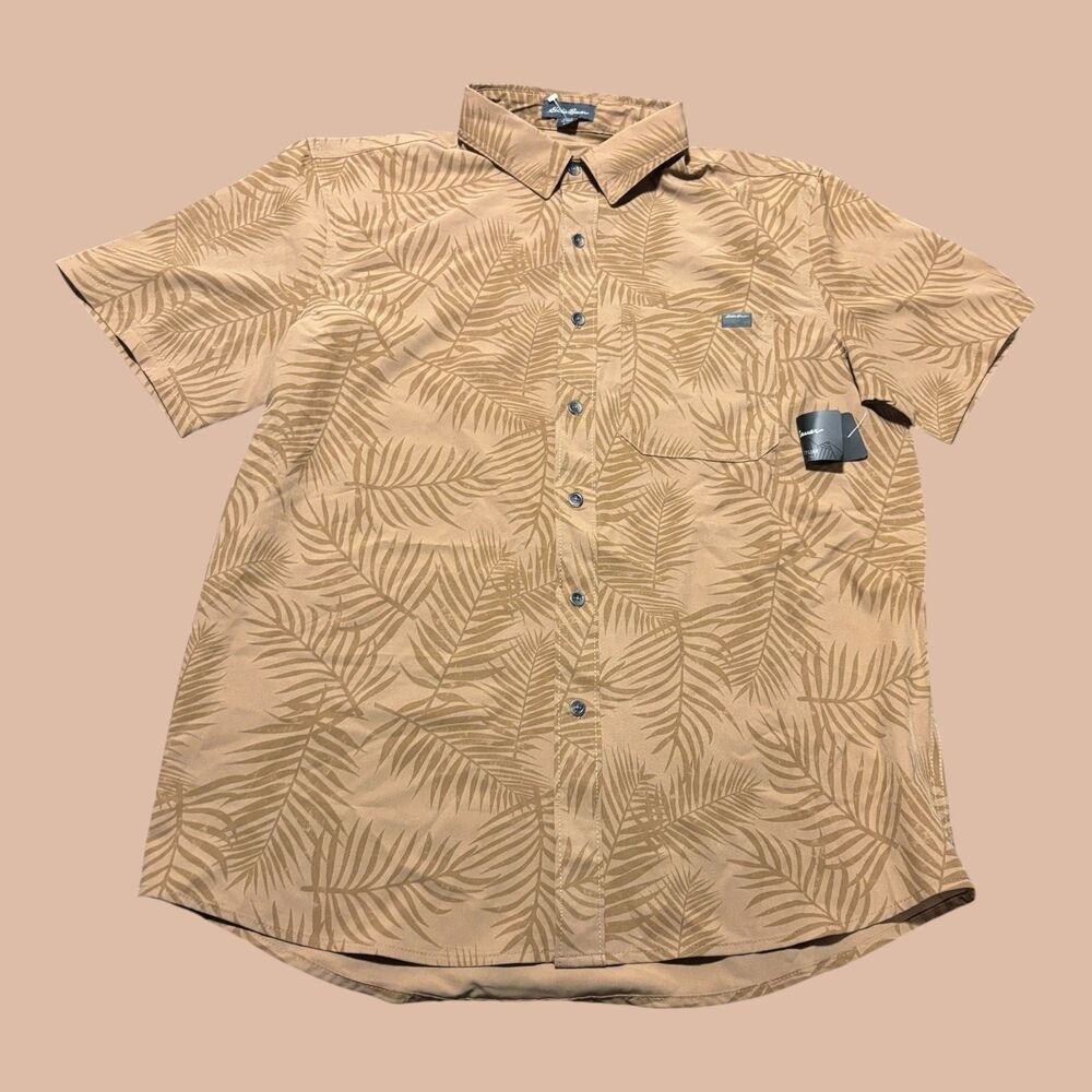 Eddie Bauer Shirt Mens Size Medium Brown Hawaiin Leaf Print Outdoor Vacation